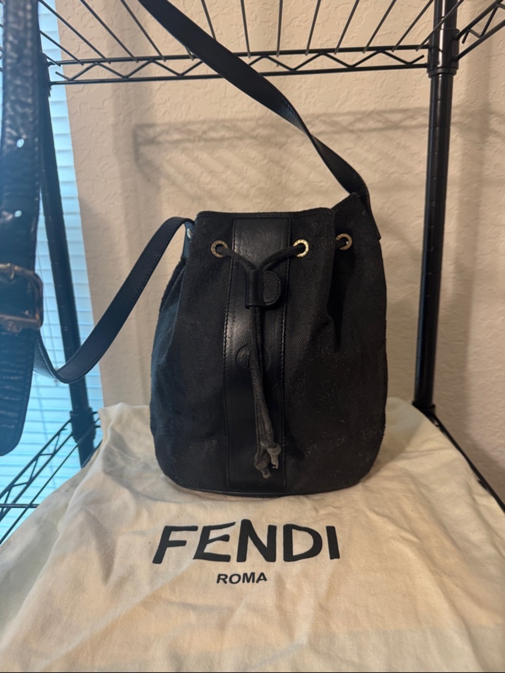 Fendi Black Drawstring Bucket Shoulder Bag
